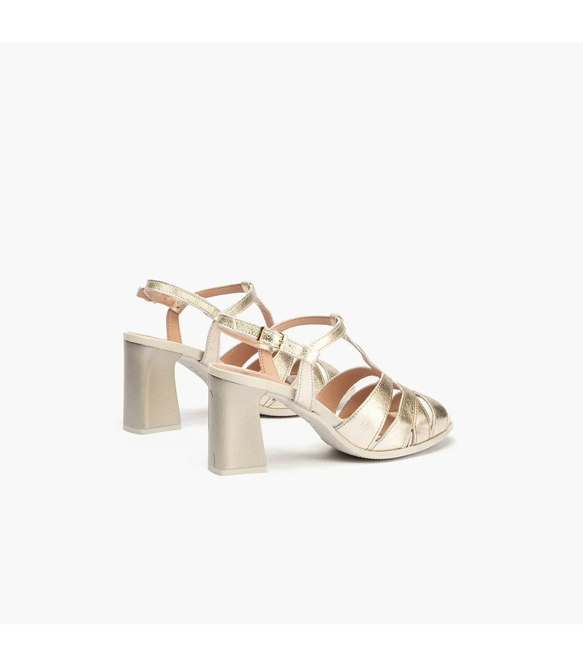 Gold laminated fantasy high heel sandal for women.