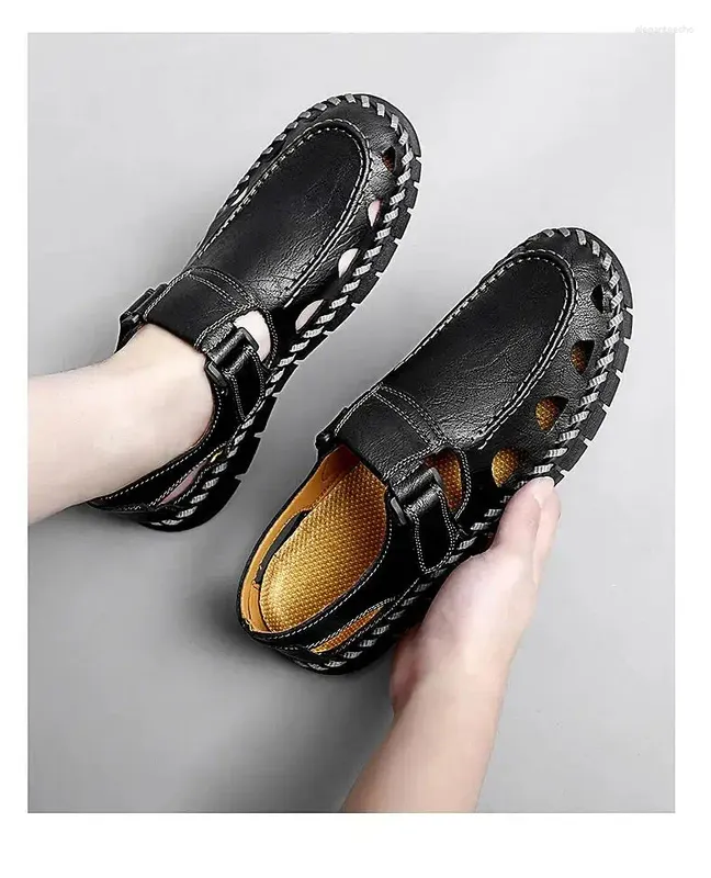 Sandalias 2024 Summer Mans Leather Baotou Hollow Big Tamaño Big Tamaño Casual SUGO SEGURO NO SENDICIÓN HANCHING PANTIGADOR